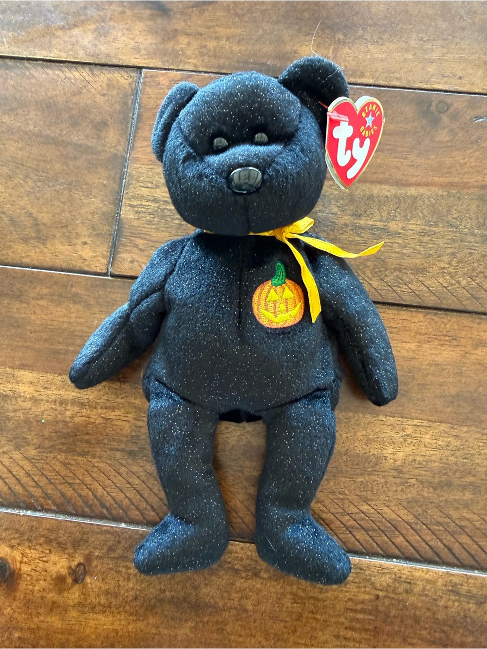 Ty Black Glitter Bear with Pumpkin Patch and Yellow Ribbon